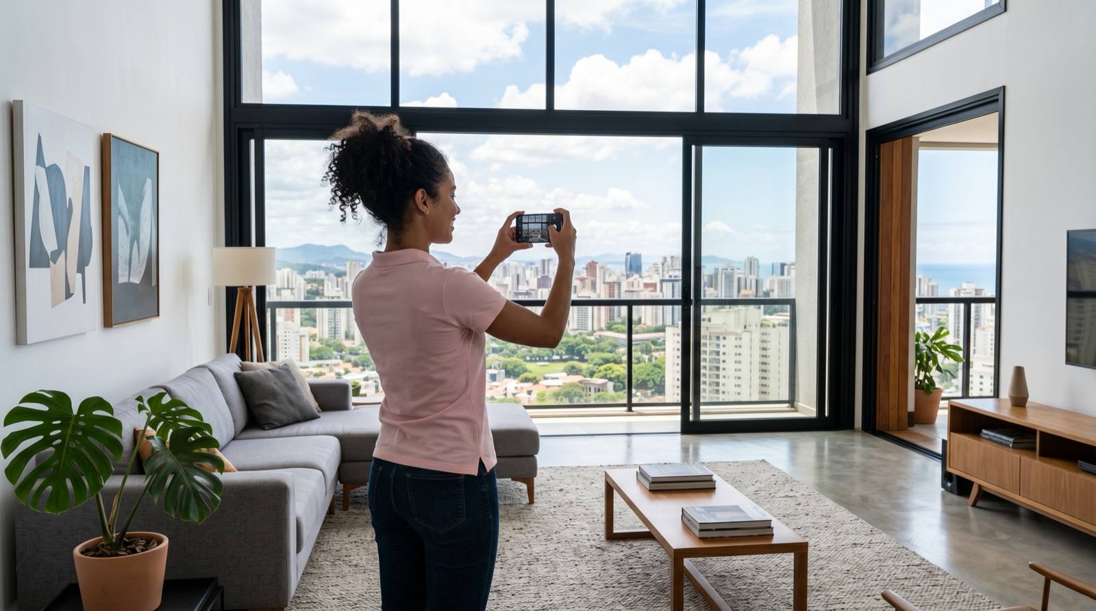 Vistoriadora Hauseful fotografando o interior de um apartamento com o celular
