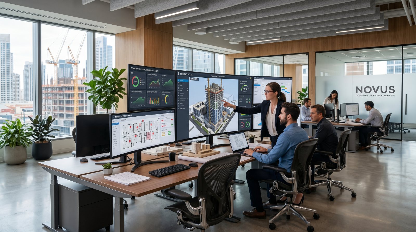Equipe de construtora analisando indicadores de obra, modelo BIM e mapa de inspeção digital em painéis de dados