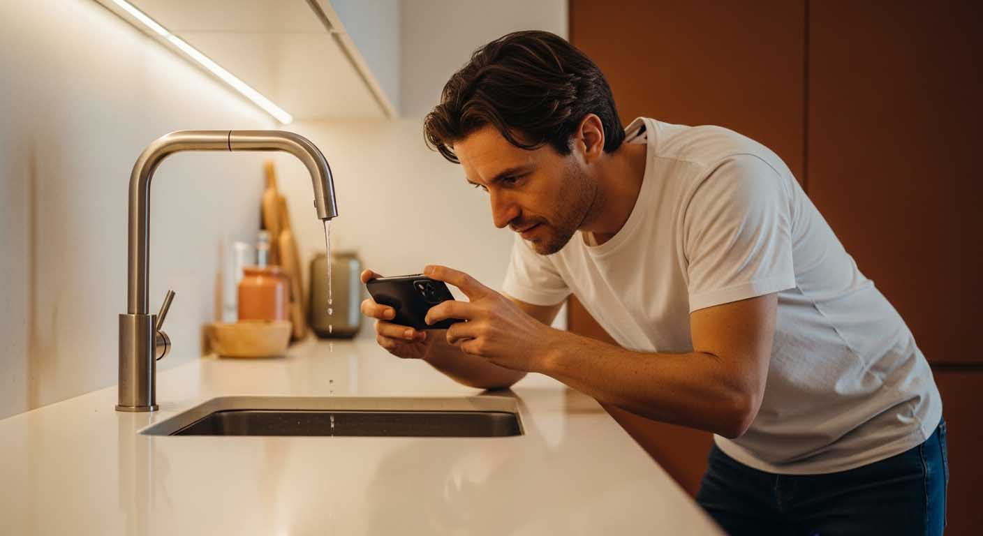 Vistoriador registrando a pia da cozinha com o celular
