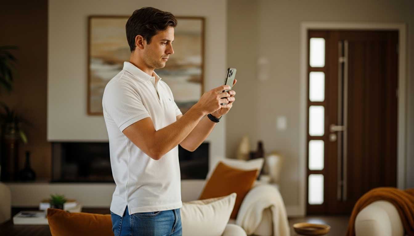 Corretor fotografando a sala de um apartamento com o celular
