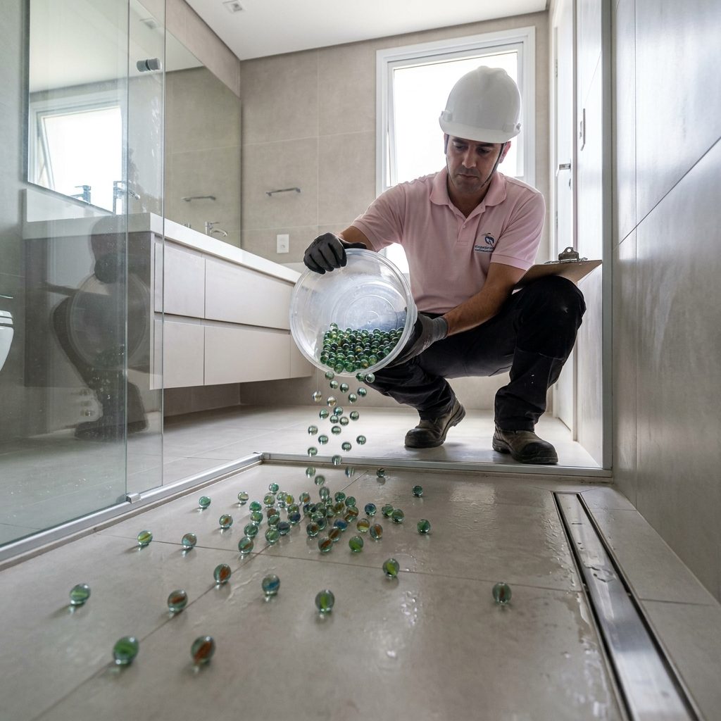 Teste de caimento de piso com bolinhas de gude em área molhada