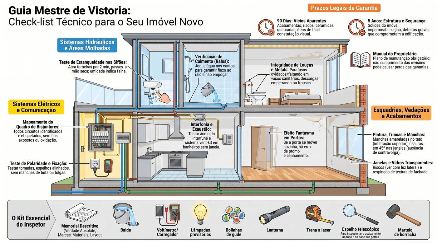 Guia Mestre de Vistoria: check-list técnico do imóvel novo com sistemas hidráulicos, elétricos, esquadrias, acabamentos, prazos de garantia e kit do inspetor