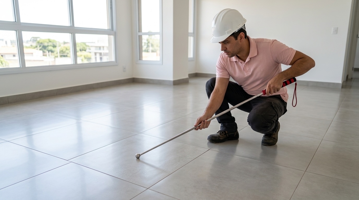 Detecção de som oco no piso com vara de percussão