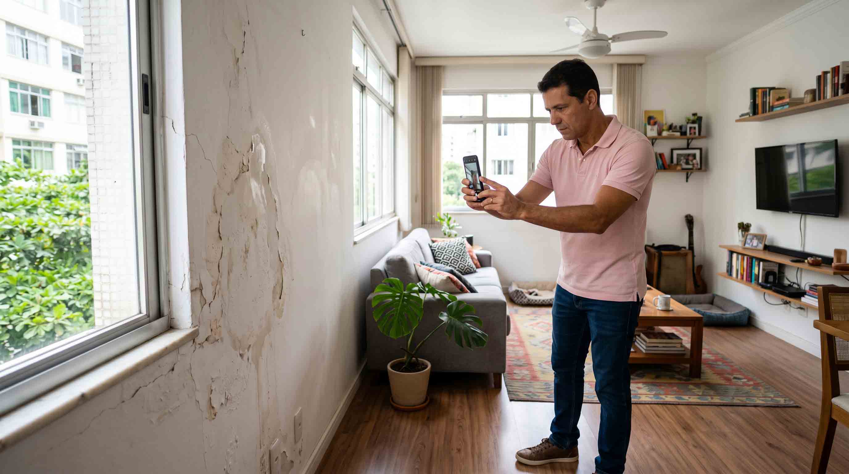 Vistoriador registrando a sala de um apartamento no aplicativo Hauseful