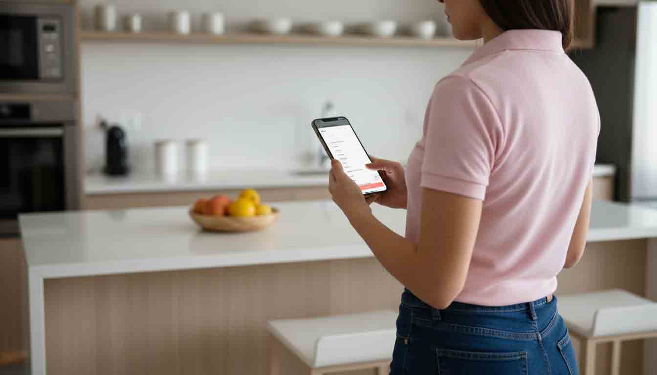 Vistoriadora conferindo o checklist da cozinha no celular