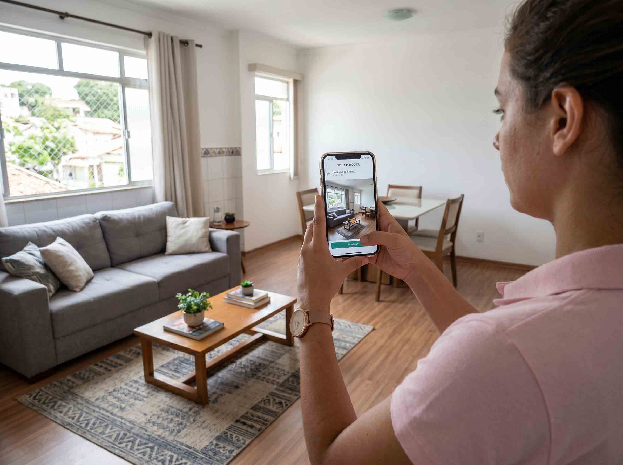 Vistoriadora fotografando a sala de um apartamento mobiliado com o celular
